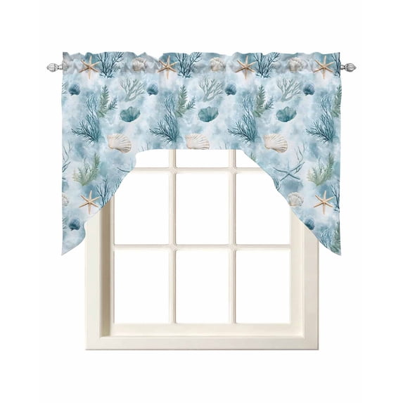 Summer Blue Coral Swag Valances for Windows, Small Curtains Drapes, Retro Coastal Starfish Conch Shell Kitchen Window Curtains Over Sink Window Treatment Valance for Bedroom/Bathroom 56"x36"
