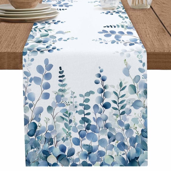 Summer Blue Eucalyptus Leaves Table Runner-36 Inch Long Watercolor Botanical Table Runners Linen Burlap Tablerunner for Kitchen Dining Room Holiday Party