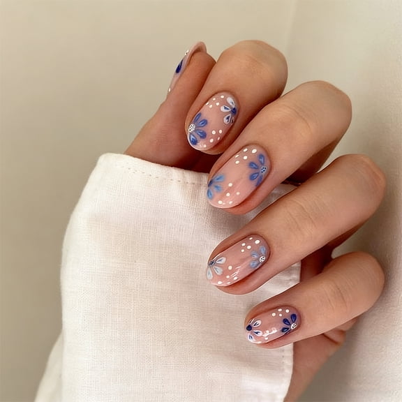 Summer Blue Floral Press On Nails, Simple Fresh Short Round Removable False Nail Tips for Women