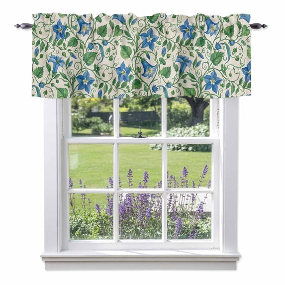 Summer Blue Flower Valance Curtain Vintage Country Watercolor Floral Green Leaf Window Valances Rod Pocket Short Curtains Window Treatments for Kitchen Bedroom Bathroom Laundry 42" x 18"