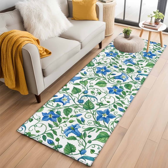 Summer Blue Flower Washable Runner Rugs 2'x6', Country Watercolor Floral Green Leaf Low Pile Throw Entryway Rug Non-Slip Sturdy Edge Binding Carpet for Indoor Bedside Entrance Bedside