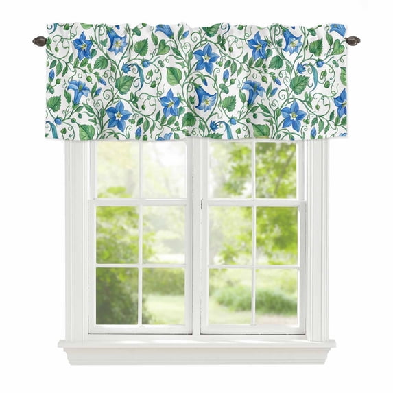Summer Blue Flower Window Valance for Kitchen, Country Watercolor Floral Green Leaf Rod Pocket Short Curtain for Small Windows, Light Filtering Decorative Valance, 60 x 18 Inch, 1 Panel