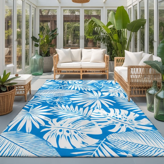 Summer Blue Leaf 9'x12' Area Rugs for Living Room Sectional Sofa, Country Tropical Botanical Palm Monstera Leaves Washable Sturdy Non Slip Soft Sturdy Rectangle Home Area Rug
