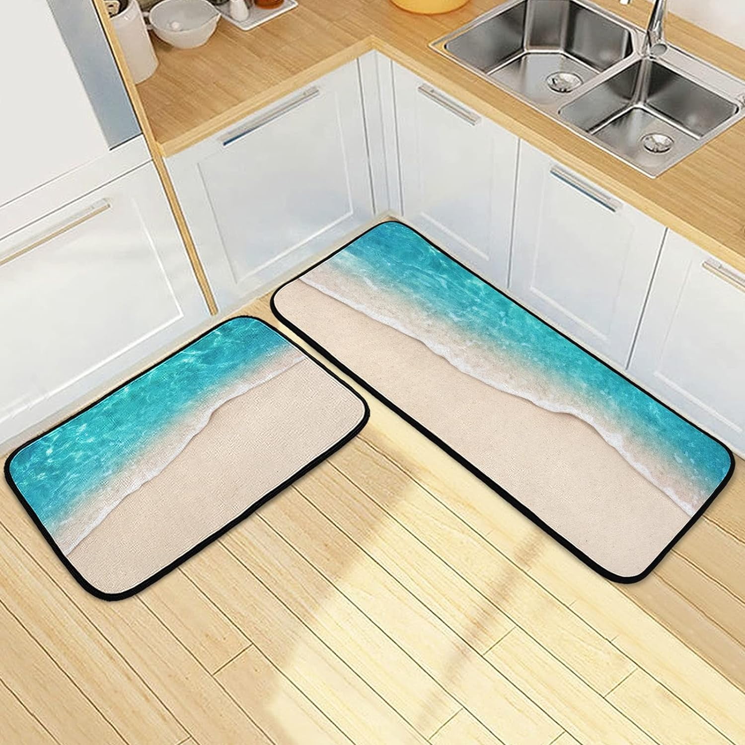 Summer Blue Ocean Beach Kitchen Mats and Rugs Blue Sea Water Floor ...