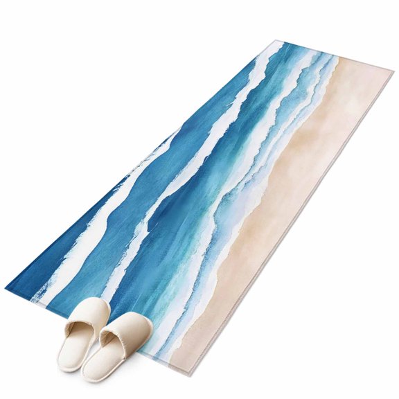Summer Blue Ocean Beach Waves Non-Slip Non-Shedding Floor Mat, Coastal Water Ripple Washable Sturdy Carpet for Living Room Bedroom Home Decor