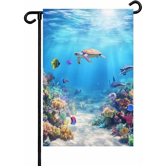Summer Blue Ocean Colorful Coral Garden Flags 12x18 Inch Double Sided Welcome Yard Flags for Outdoor Decor Seaside Animal Turtle Shark Yard Outside Seasonal Decoration