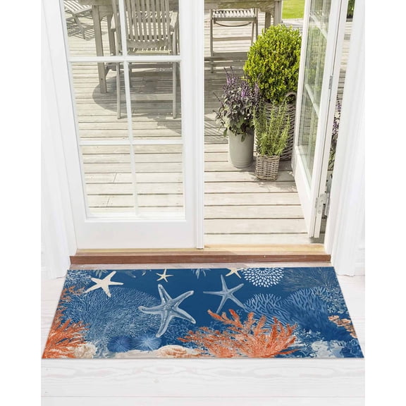 Summer Blue Ocean Front Door Mat Vintage Nautical Sea Orange Blue Starfish Coral Shell Welcome Doormat Indoor Outdoor Entrance Floor Mat Non-Slip Washable Runner Rug for Front Porch Decor 18x60 Inch