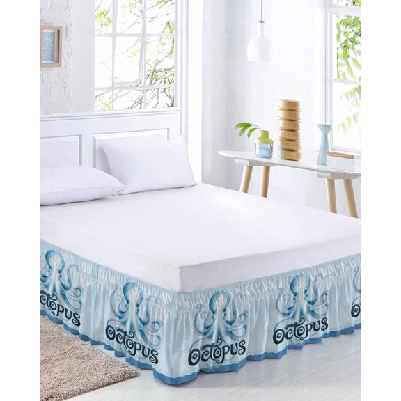 Summer Blue Ocean Octopus Bed Skirt Queen Size 16 Inch Drop, Nautical Watercolor Sea Waves Bubble Adjustable Elastic Dust Ruffles Bedskirt for Queen Bed Wrap Around Pleated Mattress Frame Cover