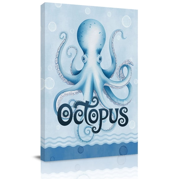 Summer Blue Ocean Octopus Canvas Wall Art for Living Room, Nautical Watercolor Sea Waves Bubble Poster Print Painting for Bedroom Office Home Decoration Wall Pictures Prepare To Hang 8"x10"
