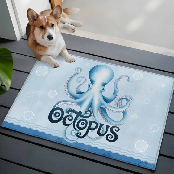 Summer Blue Ocean Octopus Front Door Rugs 2x3 ft Nautical Watercolor Sea Waves Bubble Small Rug for Entryway Non Slip Washable Bathroom Door Mat Absorbent Floor Mat for Indoor Entrance