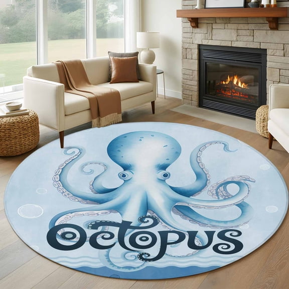 Summer Blue Ocean Octopus Round Living Room Rugs 8 ft, Nautical Watercolor Sea Waves Bubble Washable Large Area Rug with Non-Slip Sturdy Edge Binding Round Carpet for Dining Room Kitchen Office