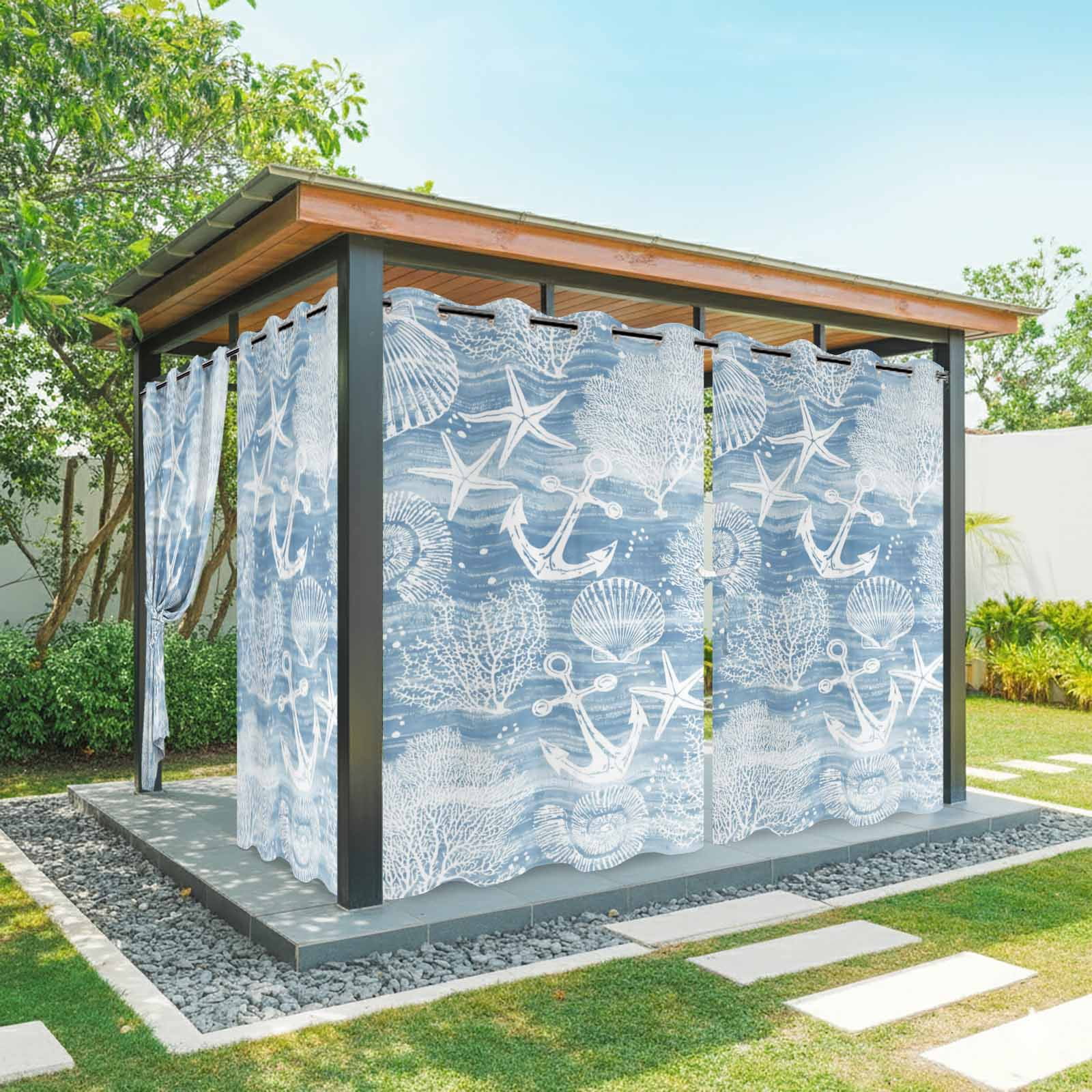 Summer Blue Ocean Outdoor Curtains for Patio, Vintage Nautical Sea Anchor Coral Shell Starfish Sunshade Privacy Drapes Grommet Waterproof Outside Curtains for Porch/Cabana/Balcony 54"x 108", 1 Panel