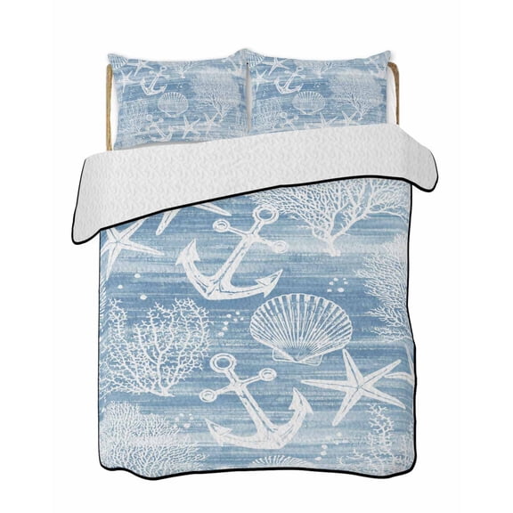 Summer Blue Ocean Quilts Bedding Set King Size Vintage Nautical Sea Anchor Coral Shell Starfish Lightweight Quilted Bedspread 3 Piece Bed Quilt with 2 Pillow Shams All Season for Bedroom 90" x 96"