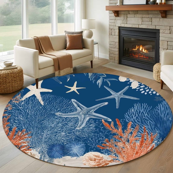 Summer Blue Ocean Round Living Room Rugs 8 ft, Vintage Nautical Sea Orange Blue Starfish Coral Shell Washable Large Area Rug with Non-Slip Sturdy Edge Binding Round Carpet for Dining Room Kitchen