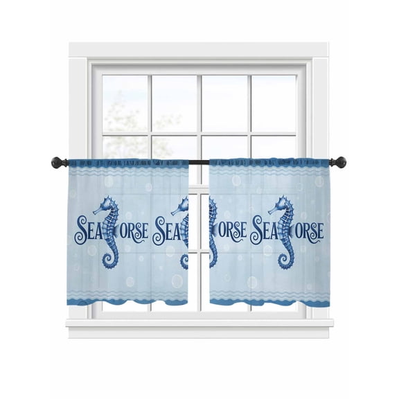Summer Blue Ocean Seahorse Sheer Curtains 45 Inch Long 2 Panels, Nautical Watercolor Sea Waves Bubble Light Filtering Rod Pocket Curtains, Sheer Voile Drapes for Living Room Bedroom, 52"x45"