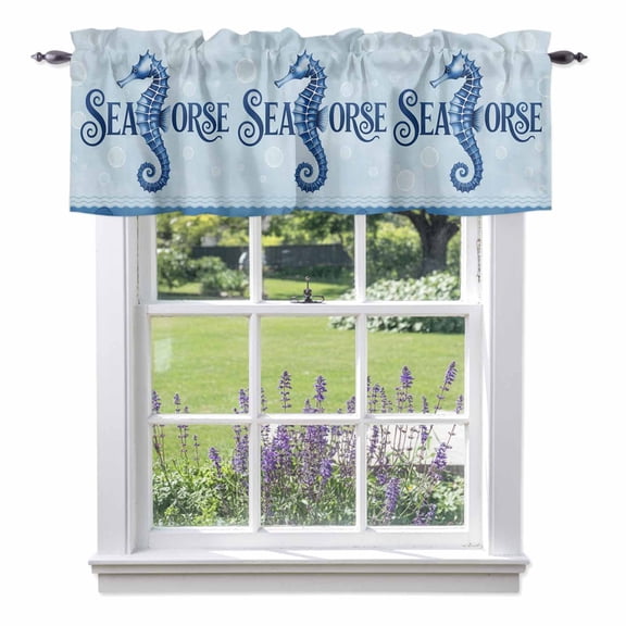 Summer Blue Ocean Seahorse Valances for Windows Nautical Watercolor Sea Waves Bubble Rod Pocket Cafe Window Treatments Valance Curtains for Kitchen Bathroom Laundry Basement Windows 42"x12"