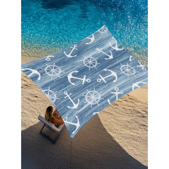 Summer Blue Ocean Sun Shade Sail 8' x 10', Vintage Nautical Sea Watercolor Anchor Rudder Rectangle Outdoor Sunshade Canopy, Waterproof UV Block Patio Covers for Garden Yard Beach