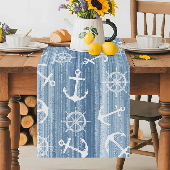 Summer Blue Ocean Table Runner 13x36 Inch Vintage Nautical Sea Watercolor Anchor Rudder Cotton Linen Dining Table Runner Ideal for Dresser Kitchen Coffee Tables - Machine Washable