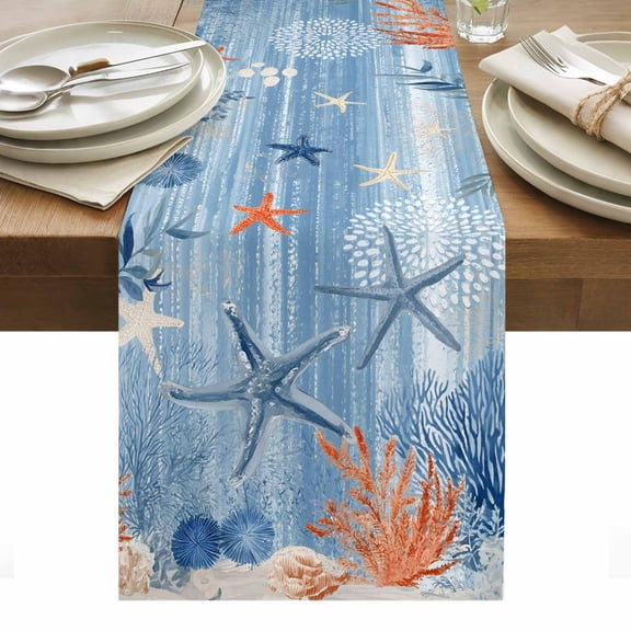 Summer Blue Ocean Table Runner Nautical Sea Orange Starfish Corals Seashell Table Runners Dresser Scarves Holiday Kitchen Dining Table Decoration for Home Party Indoor 13x36 Inch