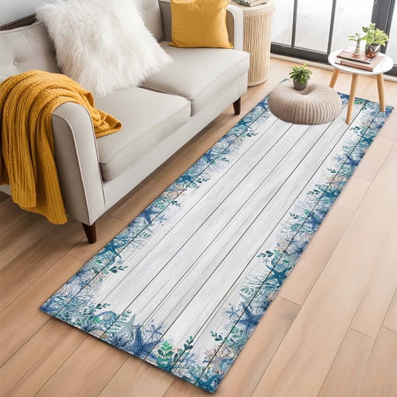 Summer Blue Ocean Washable Runner Rugs 2'x6', Nautical Sea Coral Shell Starfish Seaweed Wood Grain Low Pile Throw Entryway Rug Non-Slip Sturdy Edge Binding Carpet for Indoor Bedside Entrance Bedside