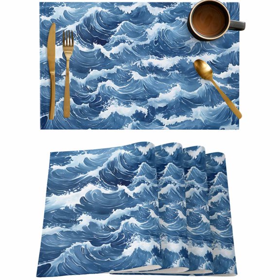 Summer Blue Ocean Waves Placemats Set of 4,Wipeable Washable Table Mats for Dining Tables,Abstract Water Ripples Place Mats for Kitchen Event Party Tabletop Decor