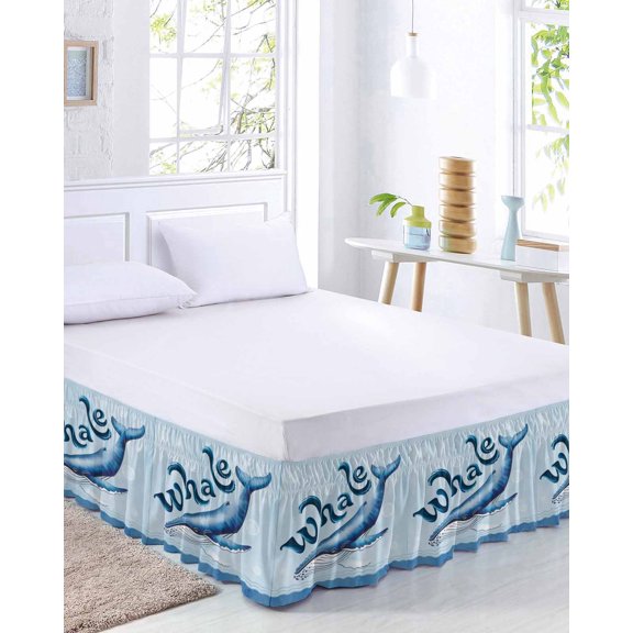 Summer Blue Ocean Whale Bed Skirt Queen Size 16 Inch Drop, Nautical Watercolor Sea Waves Bubble Adjustable Elastic Dust Ruffles Bedskirt for Queen Bed Wrap Around Pleated Mattress Frame Cover