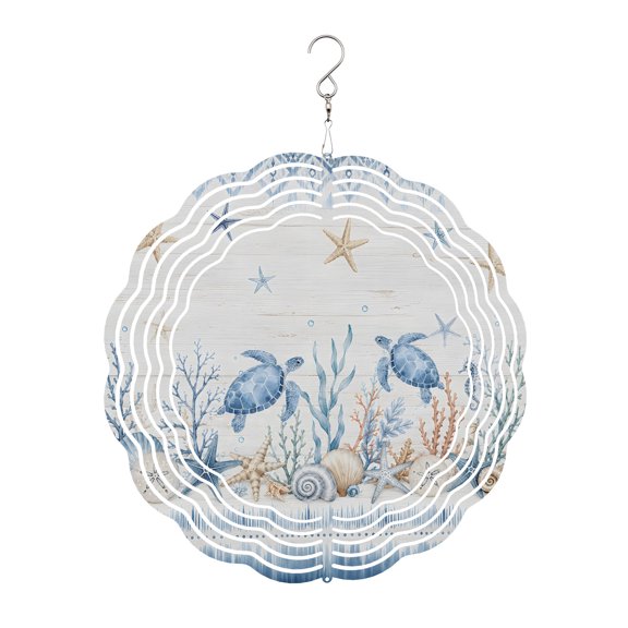 Summer Blue Ocean Wind Spinner for Garden Yard 10In, Vintage Nautical Sea Turtles Starfish Coral Shell 3D Stainless Steel Kinetic Hanging Wind Spinners Rustproof Outdoor Decor for Lawn Patio Home