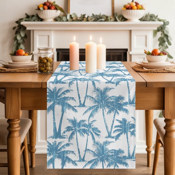 Summer Blue Palms Dining Table Runner, Nautical Coastal Boho Beach Watercolor Blue Tree Washable Table Runners Kitchen Coffee Table Center Decor for Home Party Holiday Wedding 13 x 70 Inches