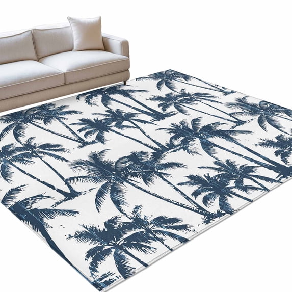 Summer Blue Palms Rectangle Rug 9'x12' Nautical Coastal Boho Beach Watercolor Dark Blue Tree Washable Area Rugs for Living Room Bedroom Entryway Non Slip Entrance Door Mat Indoor Floor Carpet
