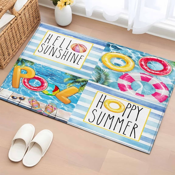 Summer Blue Pool Bathroom Mats 2x3 FT,Non Slip Small Kitchen Mat,Swimming Ring Slippers Retro Striped Washable Soft Backed Front Door Throw Rugs Non-Shedding Indoor Outdoor Doormat for Entryway Sink