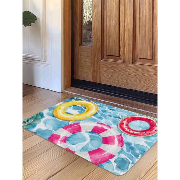 Summer Blue Pool Door Mat Indoor Outdoor Entrance, Non Slip Small Rug for Kitchen Bathroom Entryway Rug, Ocean Beach Swimming Ring Vintage Washable Doormat Floor Mat for Office 16x24 Inch