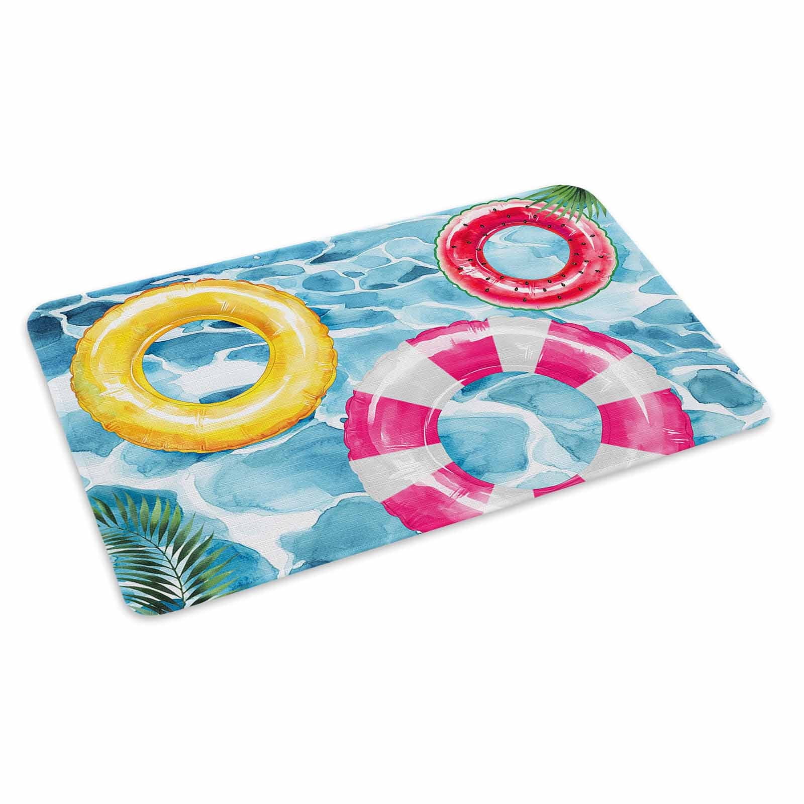 Summer Blue Pool Doormat Outdoor Entrance 24"x36", Ocean Beach Swimming Ring Vintage Absorb Moisture Dirt Door Mats, Non-Slip Rubber Backing Floor Mats Indoor, Low-Profile Front Door Rugs