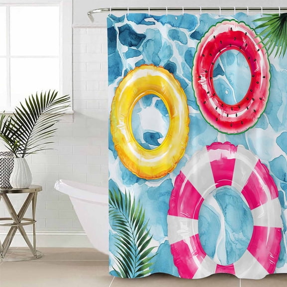 Summer Blue Pool Extra Long Shower Curtain Set, Waterproof Shower Curtains for Bathroom, Ocean Beach Swimming Ring Vintage Washable Fabric Cloth Bath Curtain for Bathtub with Hooks 72x96 Inches
