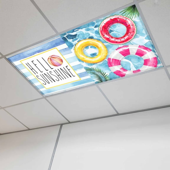 Summer Blue Pool Magnetic Fluorescent Light Covers for Ceiling Lights 2x4Ft, Swimming Ring Slippers Retro Striped Office Classroom Kitchen Drop Ceiling Light Covers Lighting Filters Shade Panel 1Pack