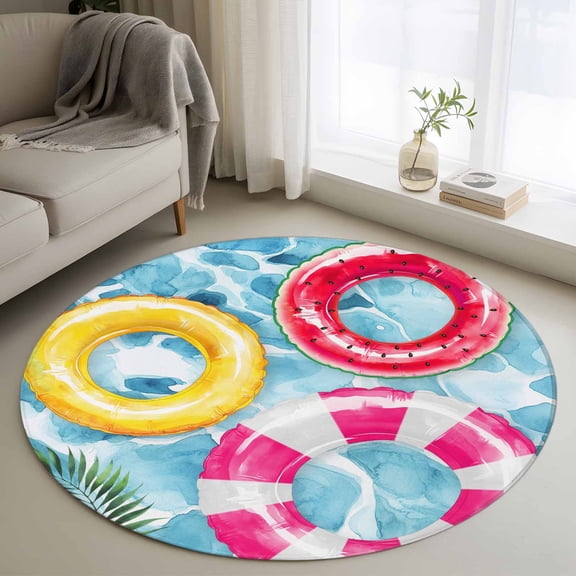 Summer Blue Pool Round Area Rug 3.3 FT, Non Slip Small Entryway Kitchen Mat, Ocean Beach Swimming Ring Vintage Washable Soft Circular Rug Non-Shedding Door Mat for Bathroom Playroom Kids Room