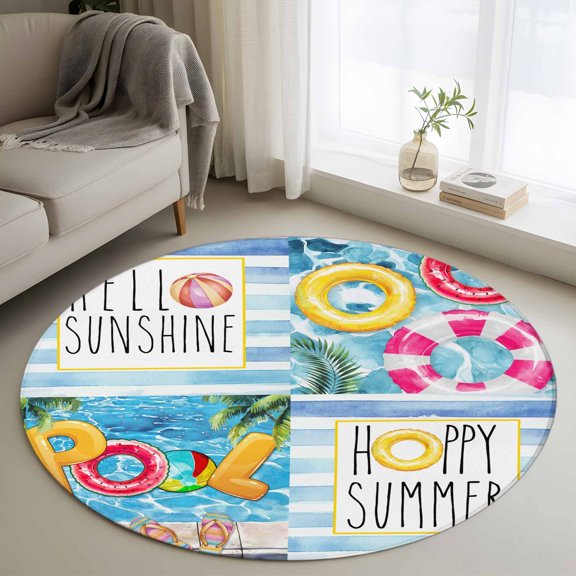 Summer Blue Pool Round Area Rug 4 FT, Non Slip Indoor Outdoor Rug, Swimming Ring Slippers Retro Striped Washable Soft Circular Carpet Non-Shedding Floor Mat for Coffee Table Nursery Foyer Balcony