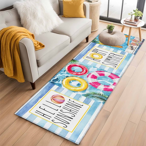 Summer Blue Pool Runner Rug 2x6 FT,Non Slip Hallway Rugs,Swimming Ring Slippers Retro Striped Washable Soft Floor Carpet Throw Runner Carpet Long Rugs for Entryway Kitchen Bedside Sliding Door