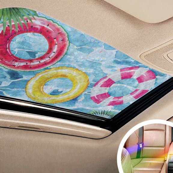 Summer Blue Pool Window Privacy Film Rainbow Static Cling Stain Glass Window Film for Glass Door, Decorative Sunroof Decal Sticker for Car Bathroom Home 17.7"x39.3" Ocean Beach Swimming Ring Vintage