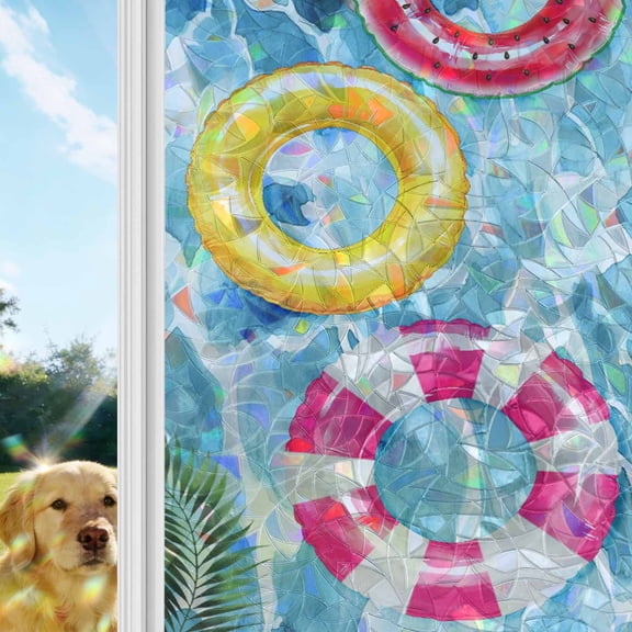 Summer Blue Pool Window Privacy Film Stain Glass,Reusable Decorative Rainbow Window Film,Ocean Beach Swimming Ring Vintage Static Cling Sun Blocking Stickers Decals Covers 29.5" x 118" (2pcs)