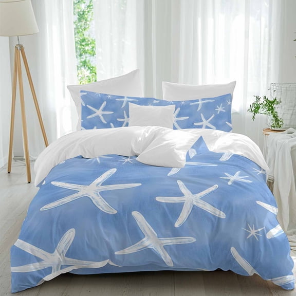 Summer Blue Queen Size Comforter Set, White Starfish Ocean Marine Life Coastal Bedding for All Seasons, 4 Pcs Bed Set, 1Quiltcover (90"x92") ,1Sheet(94"x116"), 2Pillowcases (30"x20")