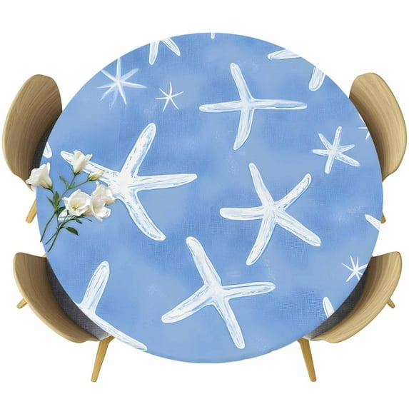 Summer Blue Round Fitted Table Cover White Starfish Ocean Marine Life Coastal Waterproof Table Cloth with Elastic Edge Wipeable Tablecloth for Picnic Camping Party Fits 55"-60" Diameter