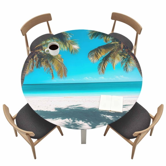 Summer Blue Round Fitted Tablecloth Beach Palm Trees Sad Sea Horizon Sky Waterproof Elastic Stretch Table Cover for 36"-44" Round Table, Oil Proof Tablecloth for Picnic Party Dinner