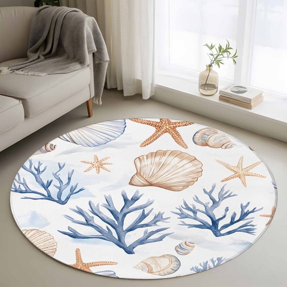 Summer Blue Round Living Room Rugs 4 ft, Yellow Coral Shell Starfish Marine Life Coastal Washable Area Rug with Non-Slip Sturdy Edge Binding Round Carpet for Entryway Kitchen Bedroom Bathroom