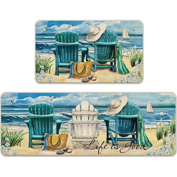 Summer Blue Sea Chairs Beach Decorative Kitchen Rugs Set of 2, Ocean Seagull Sailboat Kitchen Mat Coastal Non-Slip Floor Mat, Nautical Home Kitchen Decorations 17x29 and 17x47 Inch
