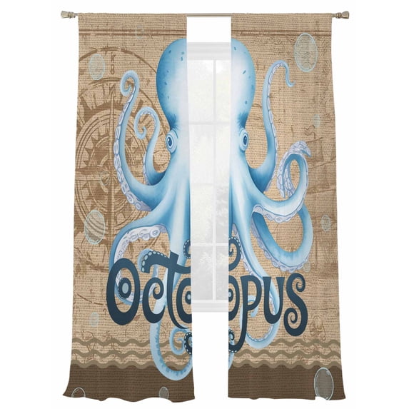 Summer Blue Sea Octopus Sheer Curtains 108 Inch Long 2 Panels, Nautical Vintage Ocean Wave Compass Linen Light Filtering Rod Pocket Curtains, Sheer Voile Drapes for Living Room Bedroom, 52"x108"