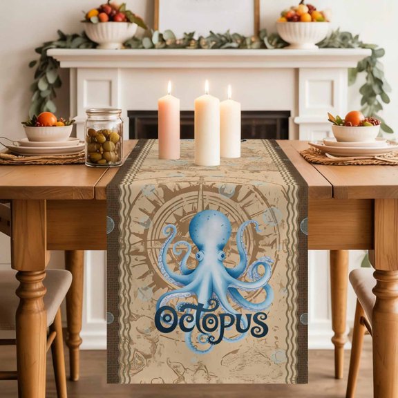 Summer Blue Sea Octopus Table Runner, Nautical Vintage Ocean Wave Compass Linen Cotton Linen Kitchen Table Decoration Washable Dining Tabletop Runners for Home Party Decor 14x72 Inches