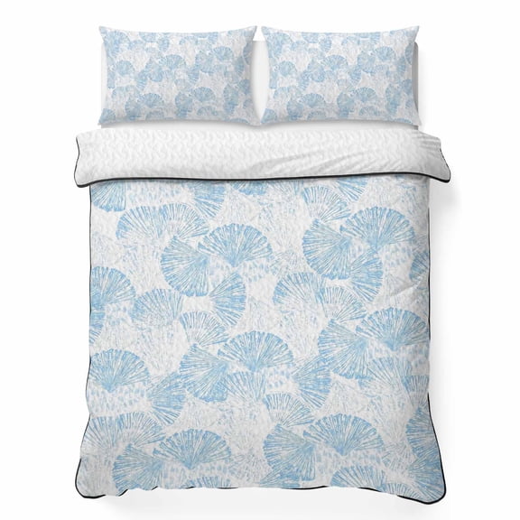Summer Blue Sea Shell 3 Piece Quilt Bedding Set with 2 Pillow Shams, Nautical Coastal Abstract Ocean Seashell Lightweight Bedspread Coverlet, Soft Breathable All Season Quilt, 79 x 90 Inch