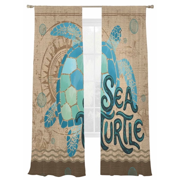 Summer Blue Sea Turtle Sheer Curtains 2 Panels Set Nautical Vintage Ocean Wave Compass Linen Sheer Window Curtains Light Filtering Rod Pocket Voile Drapes for Bedroom Living Room 52"X84"
