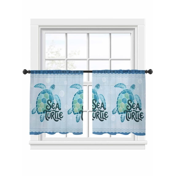 Summer Blue Sea Turtle Sheer Curtains 45 Inch Long 2 Panels, Nautical Watercolor Ocean Waves Bubble Light Filtering Rod Pocket Curtains, Sheer Voile Drapes for Living Room Bedroom, 52"x45"
