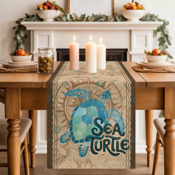 Summer Blue Sea Turtle Table Runner, Nautical Vintage Ocean Wave Compass Linen Cotton Linen Kitchen Table Decoration Washable Dining Tabletop Runners for Home Party Decor 13x108 Inches